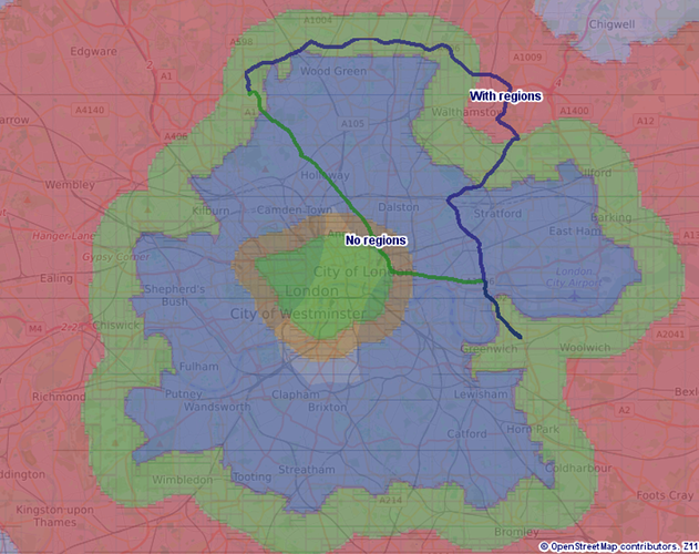 Speed regions shown for London built with 100m tolerance and a route superimposed with and without the regions.