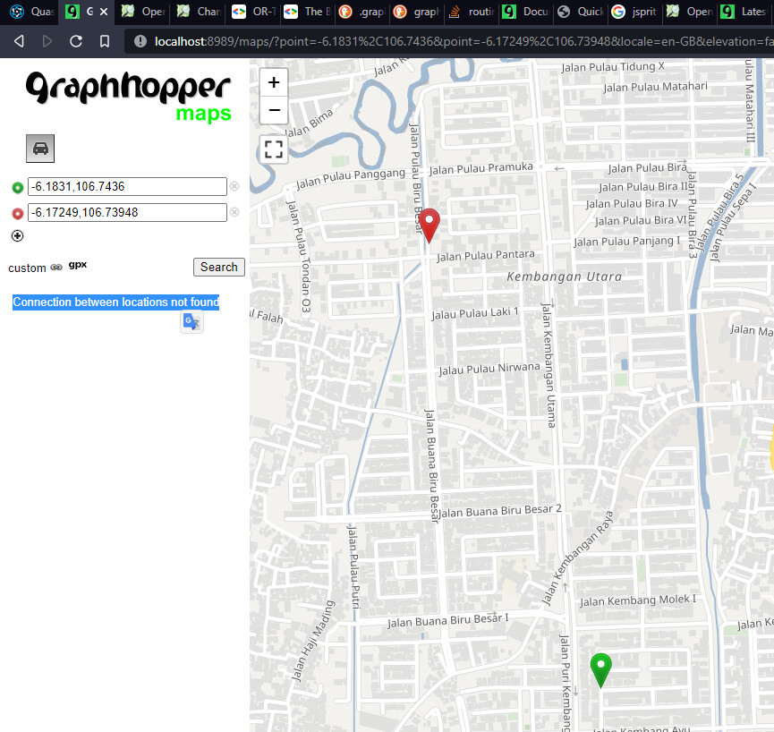 Graphhopper routing problem in standalone server and openstreetmap.org